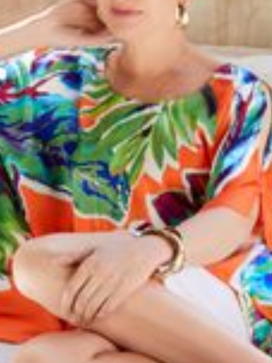 Chico's Tops - Chico's Orange Tropical Leaf & Floral Print Kraftan Poncho